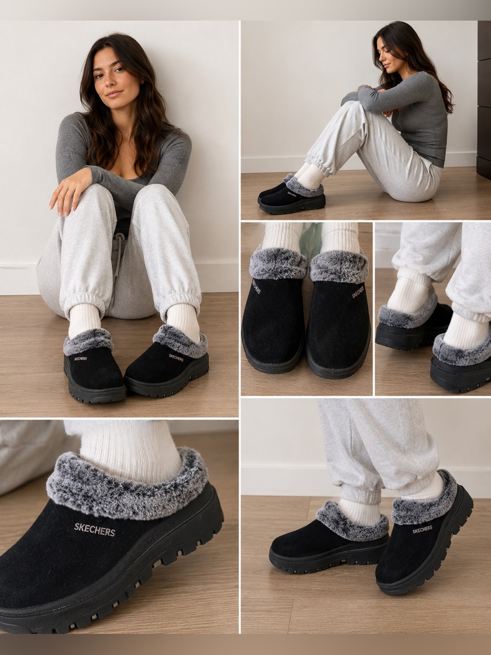 Skechers Black Faux-Fur Lined Slip-On Clog size 6.5